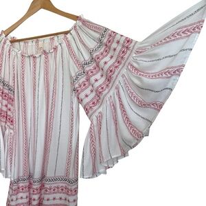 Elan Boho Off Shoulder Bell Sleeve Peasant Blouse - O/S - White, Red